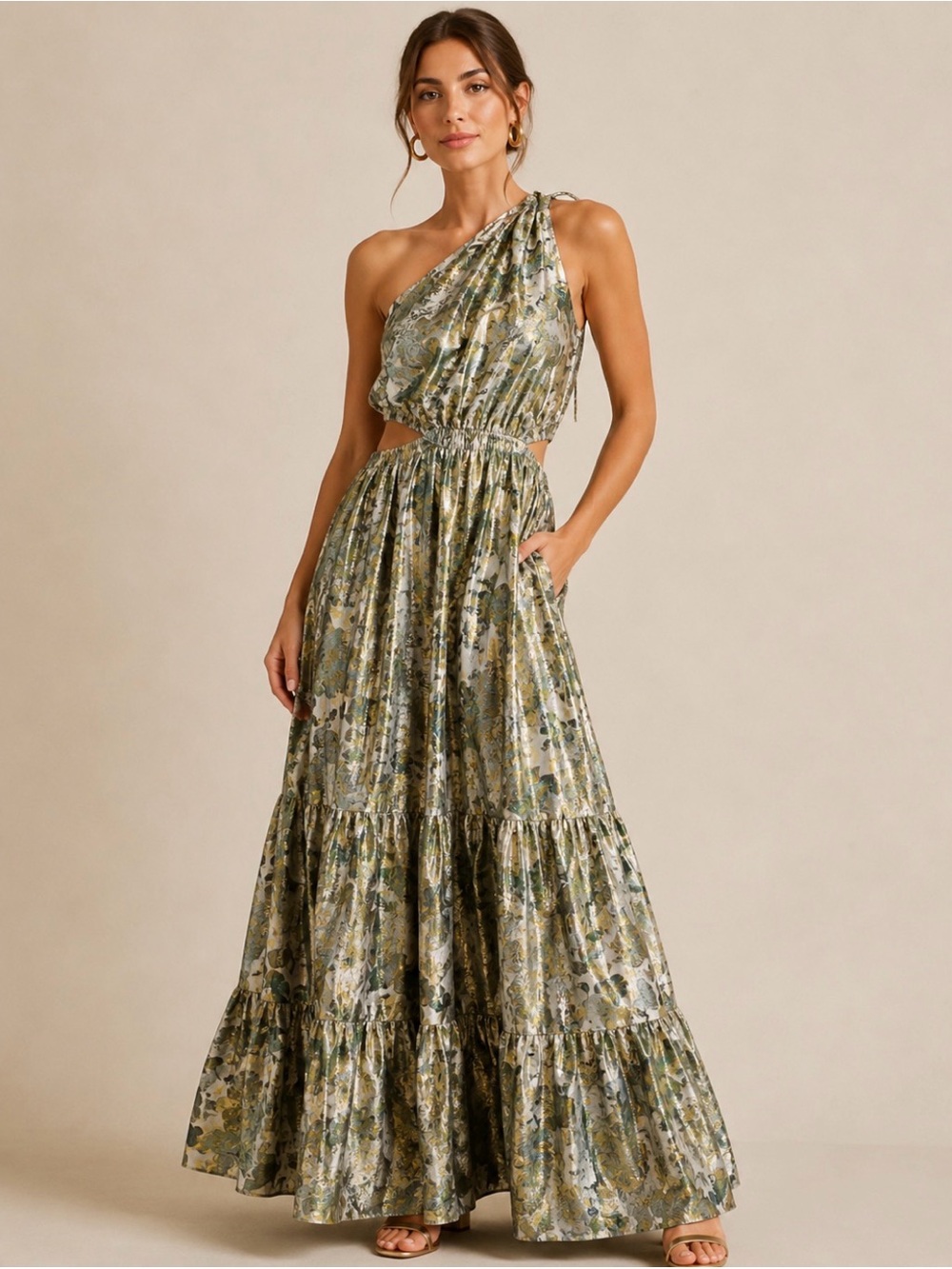 NWT J.Crew Collection Metallic Silk Floral Maxi Dress Size 12 Gold Green